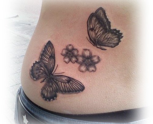 Grey Butterflies And Flowers Black And White Tattoo